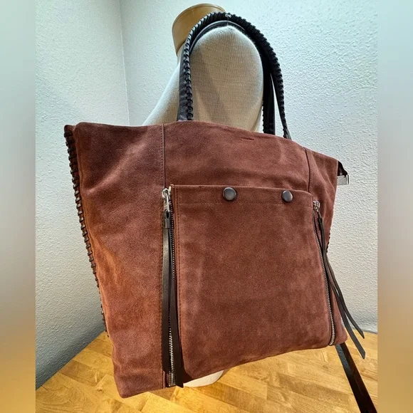AllSaints Mori Suede Leather Tote Bag Brown Braided Handle Whipstitch - Picture 12 of 14
